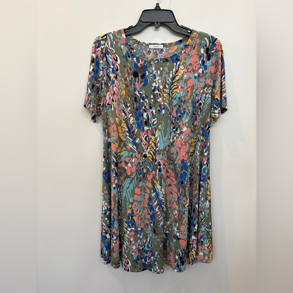 Jodifl Women's Short Sleeve Dress Size S Green Background Multi Color Pockets